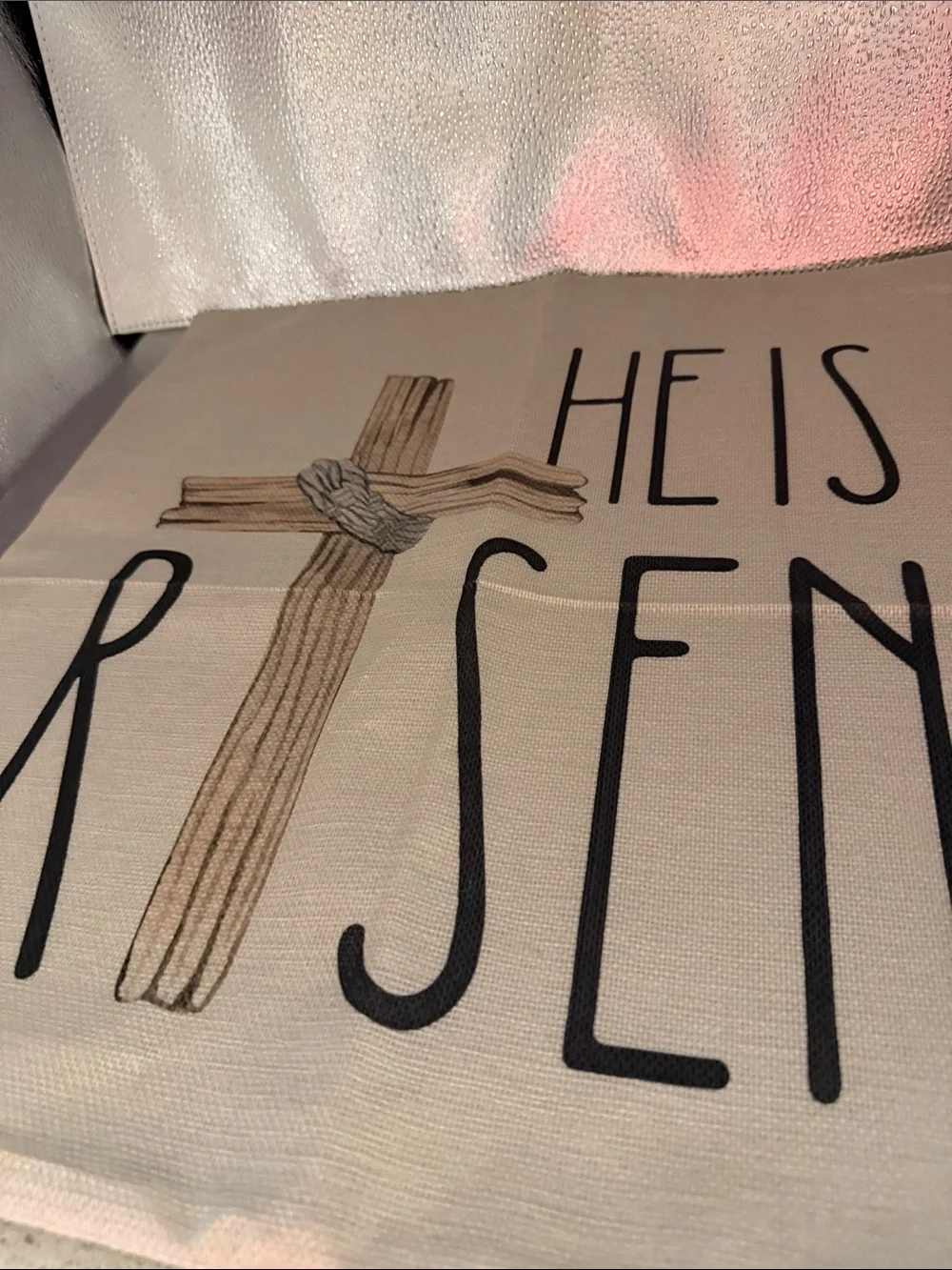 He Is Risen Decorative pillow cover -Beige with Black and Brown Print